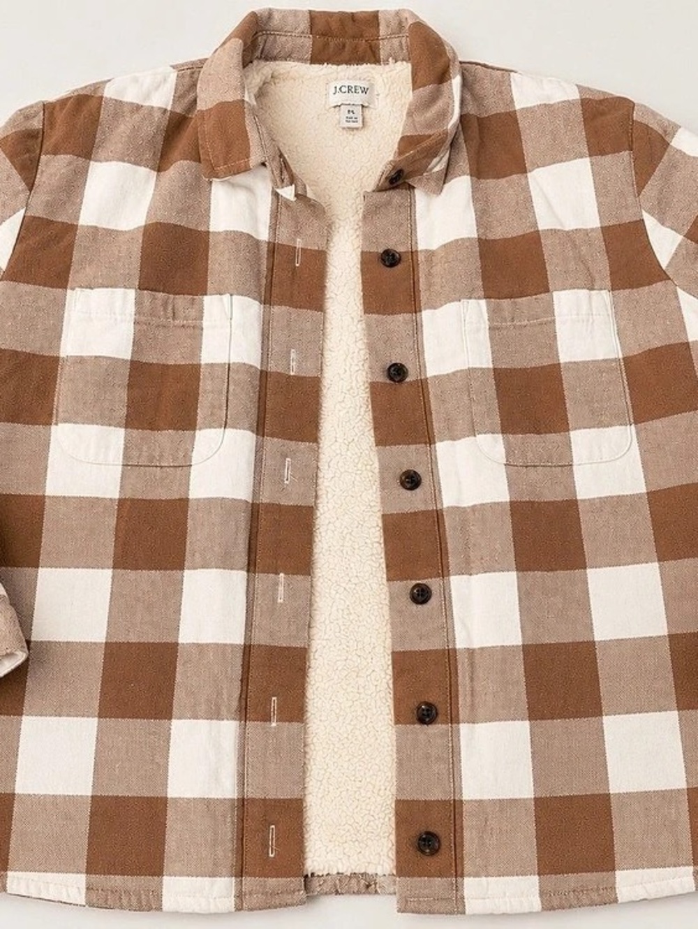J.Crew Sherpa-Lined Flannel Shirt Jacket Plaid Brown & White Large